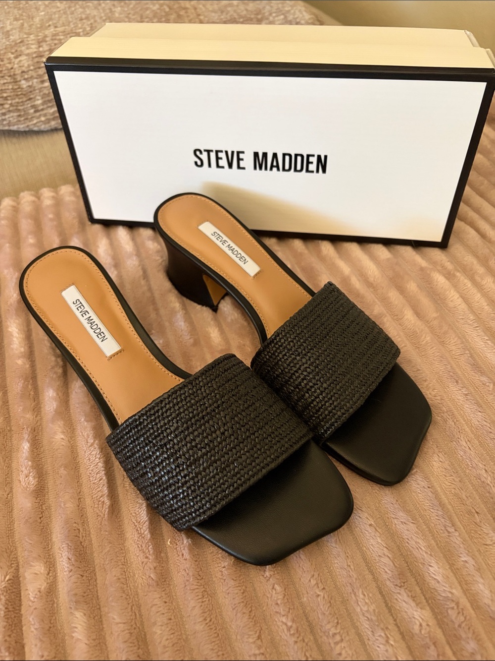 Steve Madden Black Woven Block Heel Slide Mules